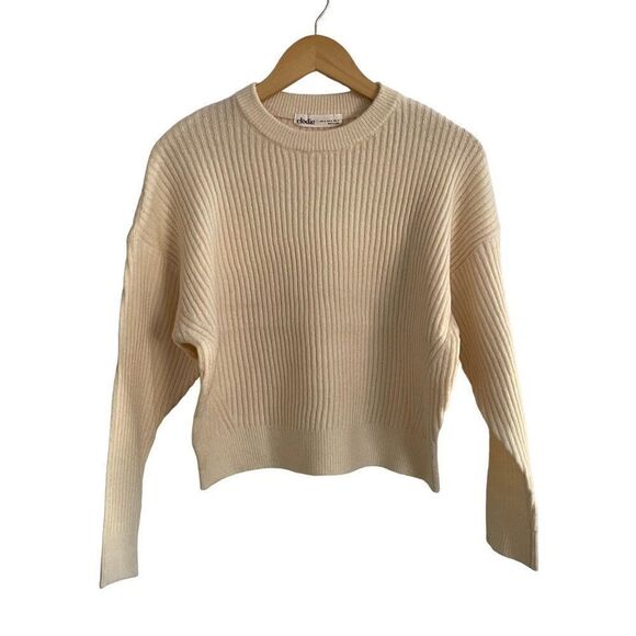 Elodie Crew Neck Crop Cream Chunky Knit Sweater Sz Medium Minimalist Fisherman - Picture 1 of 8